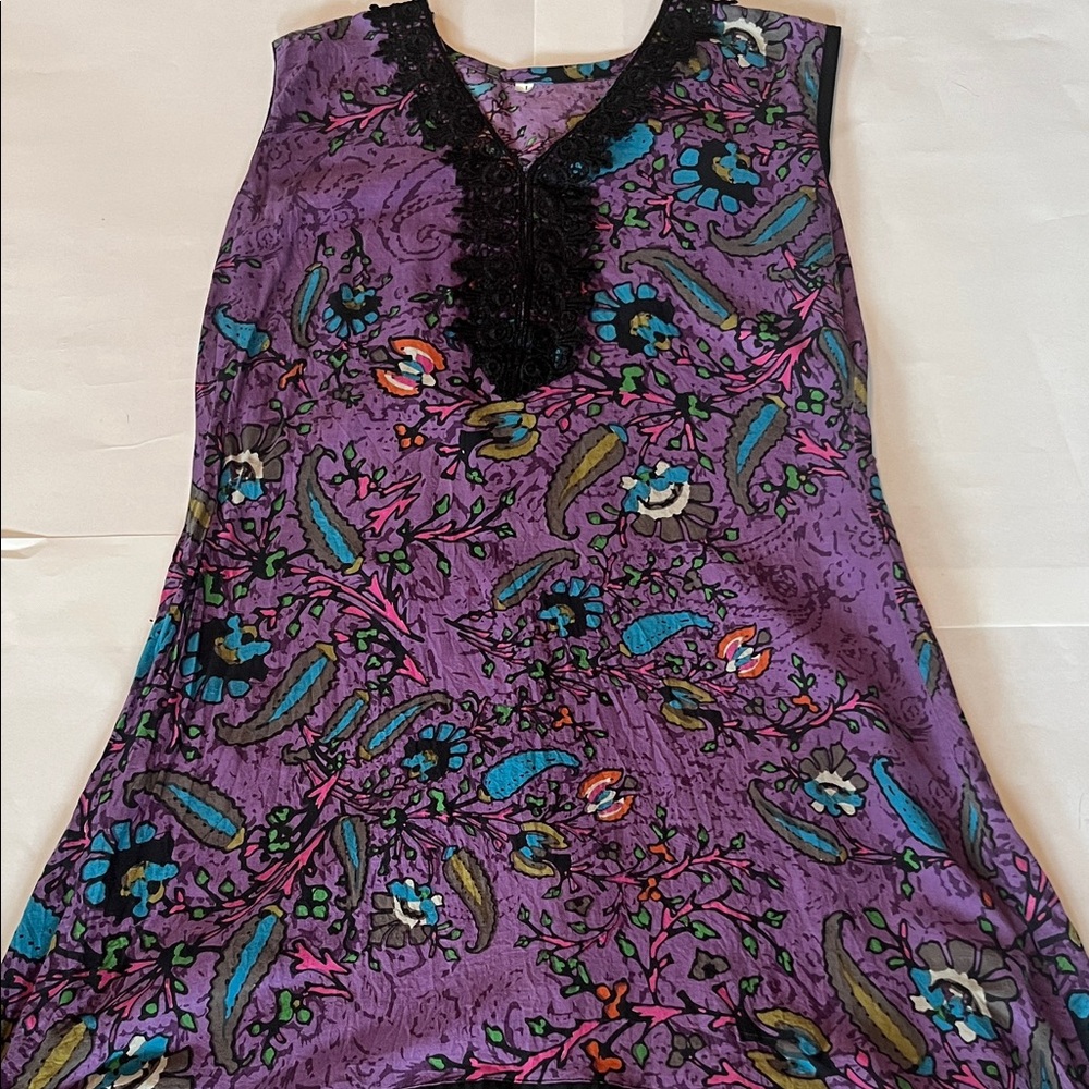 Purple Sleeveless Dress with Floral Design woman’s Indian tunic art teacher vibe